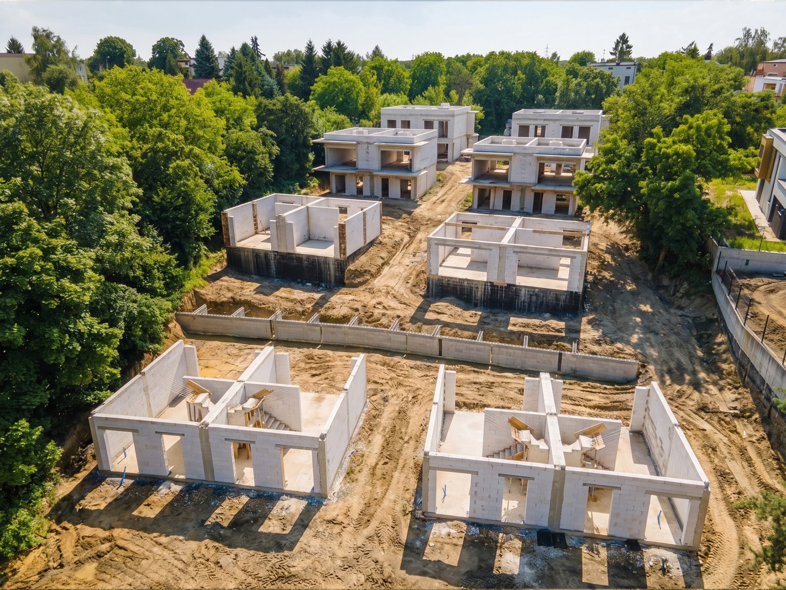 Grabek Park lipiec 2026 - ściany parteru kolejnych domów